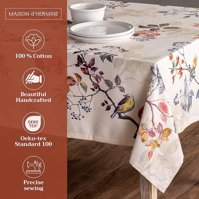 Maison d' Hermine Table Cloth Rectangle Table 100% Cotton 70 x 108 Inches Fall Tablecloth Reusable Everyday Use for Thanksgiving Christmas Decorations Dining Farmhouse Party (Equinoxe - Beige)