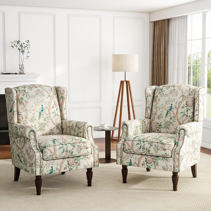 High Back Accent Chairs Set of 2, Fabric Upholstered Armchair Floral Wingback Chair for Living Room, Comfy Single Sofa Solid Wood Legs Bedroom Reading Seat - Pattern Bird