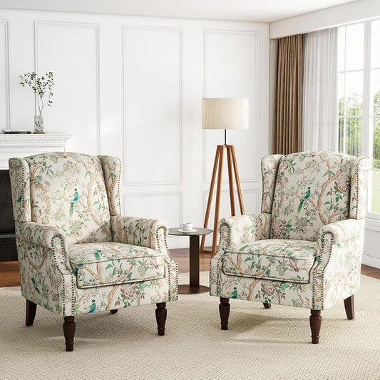 High Back Accent Chairs Set of 2, Fabric Upholstered Armchair Floral Wingback Chair for Living Room, Comfy Single Sofa Solid Wood Legs Bedroom Reading Seat - Pattern Bird