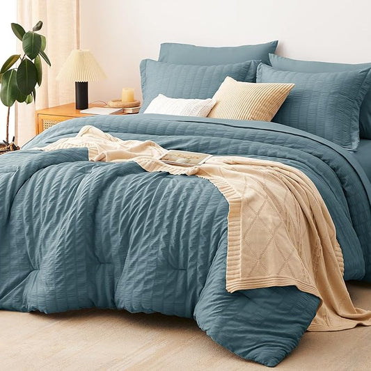 CozyLux Oversized King Comforter Set with Sheets, 7 Pieces 120"x98" Mineral Blue Seersucker Bed in a Bag, Luxury Bedding Sets with Down Alternative Comforter, Sheets, Pillowcases & Shams, Home Gift