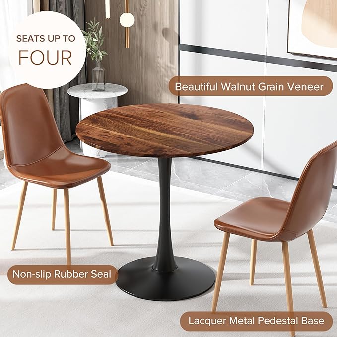 Round Dining Table,32 Inch Tulip Table with Wood Grain Top and Sturdy Metal Pedestal,Mid-Century Leisure Table for Small Space Kitchen Dining Room Living Room,20-Min Easy Assembly,Walnut