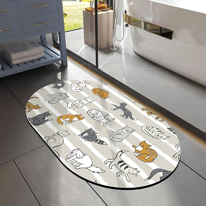 Cute Cartoon Cats Diatomaceous Mud Bath Mat Grey Striped Oval Soft Wrinkle Free Bathroom Floor Rugs Non-Slip Super Absorbent Fast Drying Bath Rug for Bathroom Kitchen Door Mat 23.6x15.7 Inches