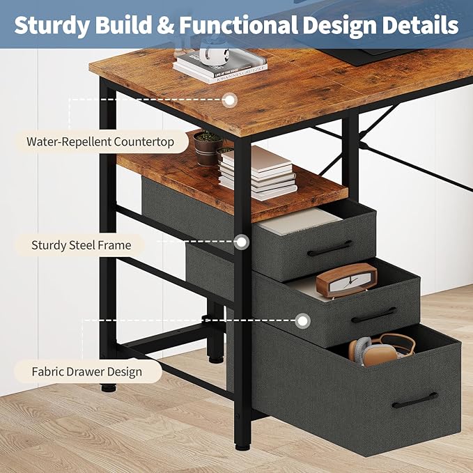 DUMOS 39" Computer Desk with Storage, Small Home Office Desk with 3 Fabric Drawers & Side Pocket, Space Saving Writing Desk for Apartment, Dorm, Gaming Workstation, Rustic Brown