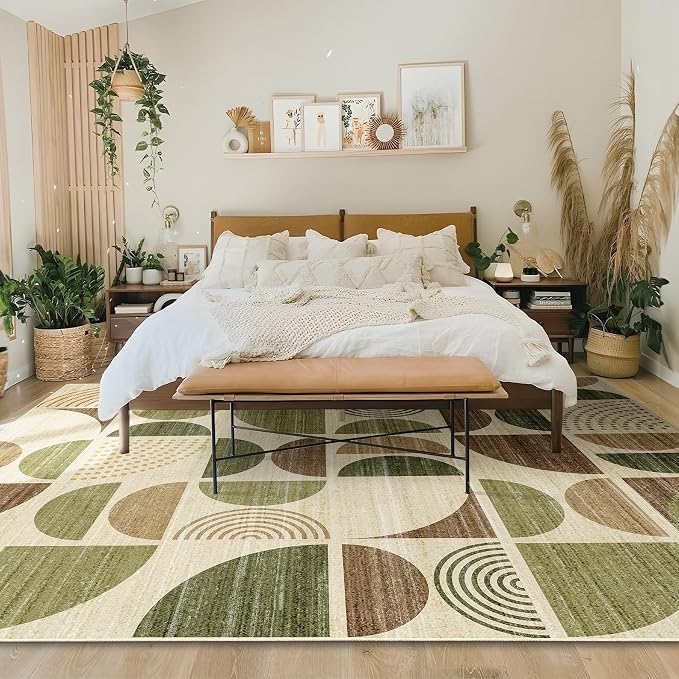 MUJOO Washable Rug 8x10,Large Area Rugs for Living Room Bedroom Dining Room,Boho Throw Floor Carpet Non Slip Soft Modern Abstract Vintage Green and Brown