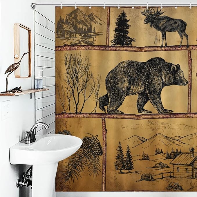 Rustic Cabin Vintage Bear Shower Curtain, Farmhouse Country Antique Bear Moose Forest Vintage Wood Camping Waterproof Shower Curtains for Bathroom Decor 12 Pack Hooks 66x72in（168x183cm）