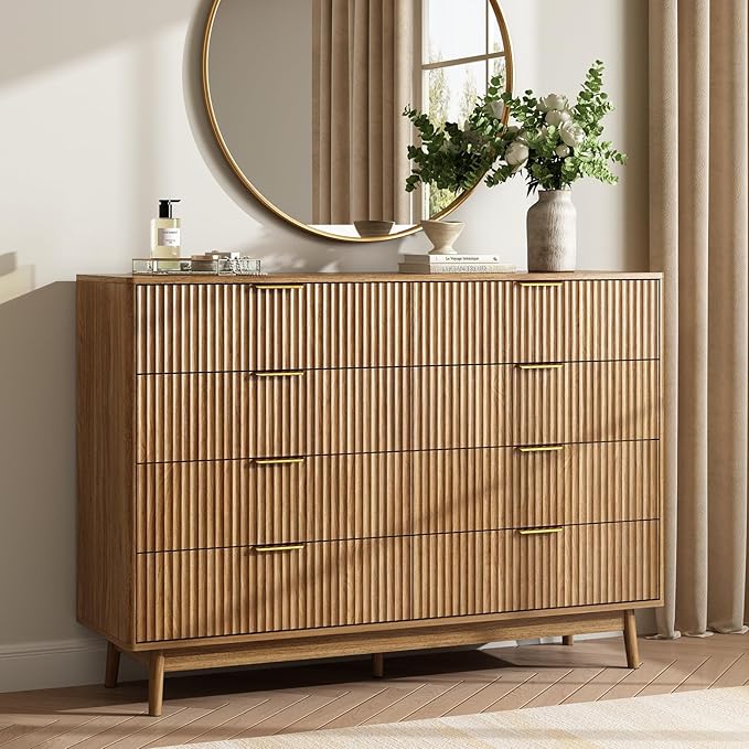 CARPETNAL Fluted Dresser and Nightstand Sets for Bedroom, 3 Pcs Bedroom Set, 8-Drawer Dresser & 2-Drawer Nightstand Set of 2, Modern Wood Chest of Drawers for Living Room, Entryway, Walnut