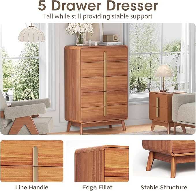 Mid Century Modern Bedroom Sets, 5 Drawer Dresser and Nightstand Sets for Bedroom, Night Stand Set 2 & 5 Drawer Dresser with Gold Handles, Wood Chest of Drawers Storage Cabinet Set, Cherry