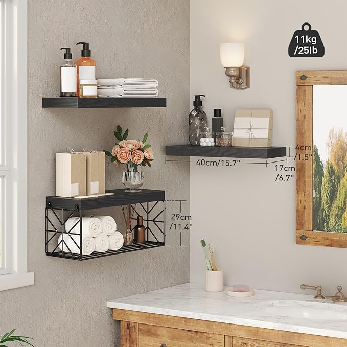 Bathroom Shelves Over Toilet Set of 3, Floating Shelves for Wall Toilet Paper Storage, 1.5" Thick Hanging Shelf, Farmhouse Wall Decor for Bathroom, Living Room, Office, Kitchen, Black 4001BJBB