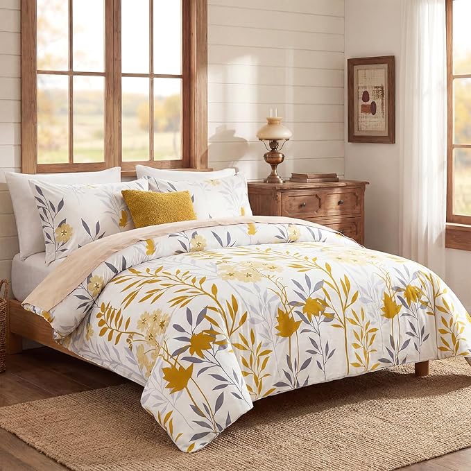 100% Cotton Duvet Cover Set Queen Size, Yellow Floral Bedding Set 3 Pcs Reversible Lightweight Comforter Cover for All Season(Queen, Yellow Botanical)