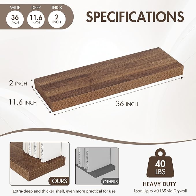 36 Inch Floating Shelves, 12" Deep Floating Shelf Wall Mounted, 36" Wall Shelves, Rustic Deep Bookshelf, Extra Deeper & Thicker Display Shelves for Bedroom, Living Room, Walnut, Set of 2