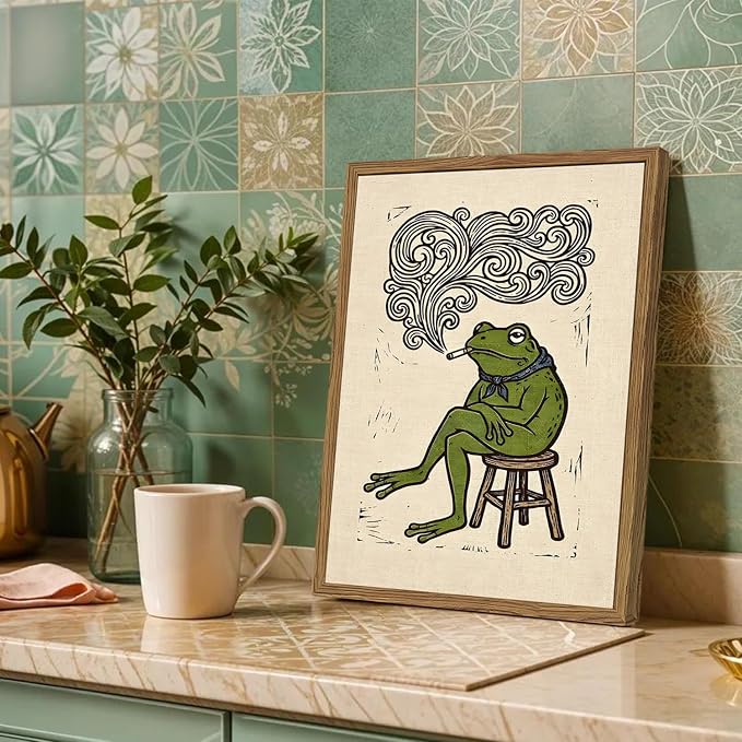 Funny Bandana Frog Wall Art Vintage Japanese Frog Bar Wall Decor Painting, Quirky Animal Poster Canvas Print Picture for Living Room Bedroom 12x16 inch Wood Framed