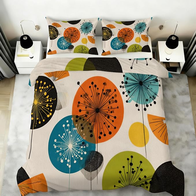 Mid Century Modern Duvet Cover Full Size, Retro Vintage Atomic Bedding Set 3 Piece, Abstract Art Dandelion Patterned Comforter Cover with Zipper Soft Microfiber, 2 Pillowcases