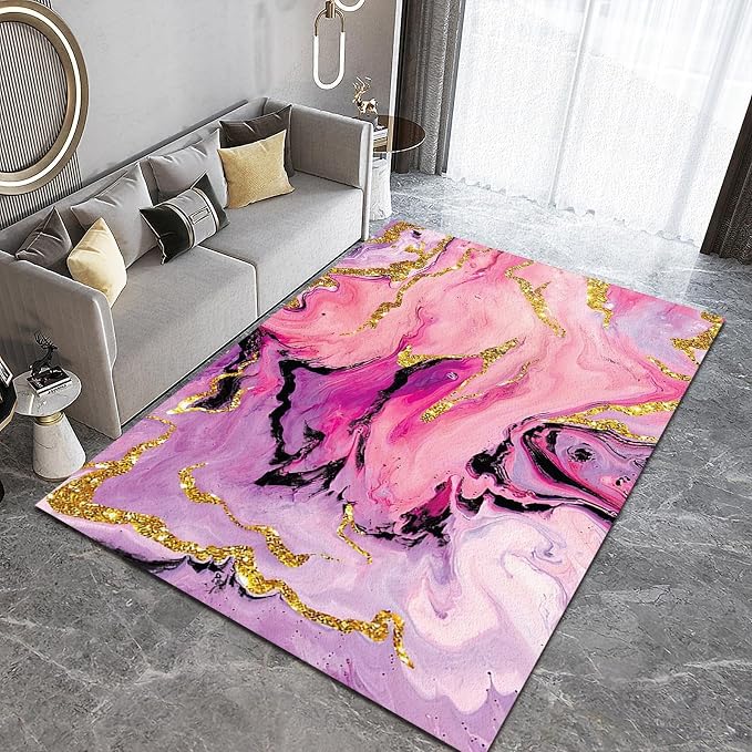 6x9 Area Rug Abstract Fluid Art Outdoor Carpet, Black Pink Purple Gold Marble Texture Rug with Non-Slip Backing Easy Can Be Washed for Living Room Bedroom Kitchen Dining Room Home Floor Rug