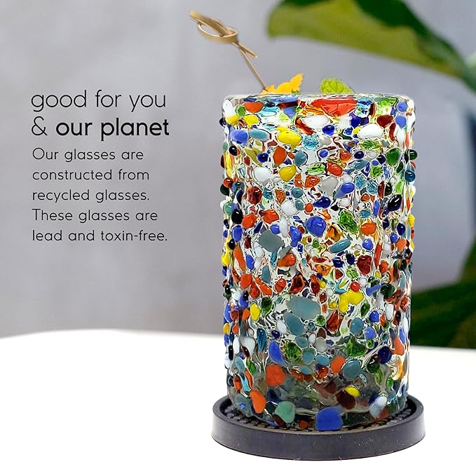 Confetti Rocks 14 oz Drinking Glasses (set of 6) Mexican Handmade Multicolor Glassware, Recycled Glass, Lead-free, Toxin-Free (Drinking)