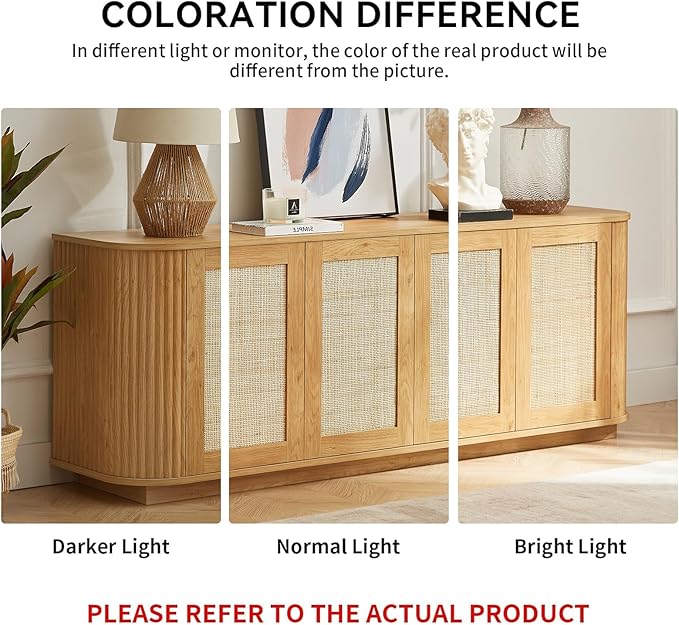 LKTART 64" Sideboard Buffet Cabinet with Storage, Wooden Fluted Storage Cabinet Sideboard with Adjustable Shelves Pressed Spring Rattan Doors for Kitchen Living Room (Natural)