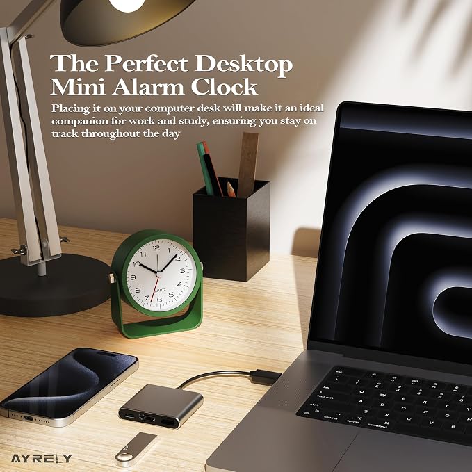 AYRELY® 3.5 Inch Small Analog Alarm Clocks,Battery Operated Desk Clock,Cute Table Clock with Light，Adjustable Angle for Travel,Bedside,Bedroom,Kids,Living Room Decor (Dark Green)