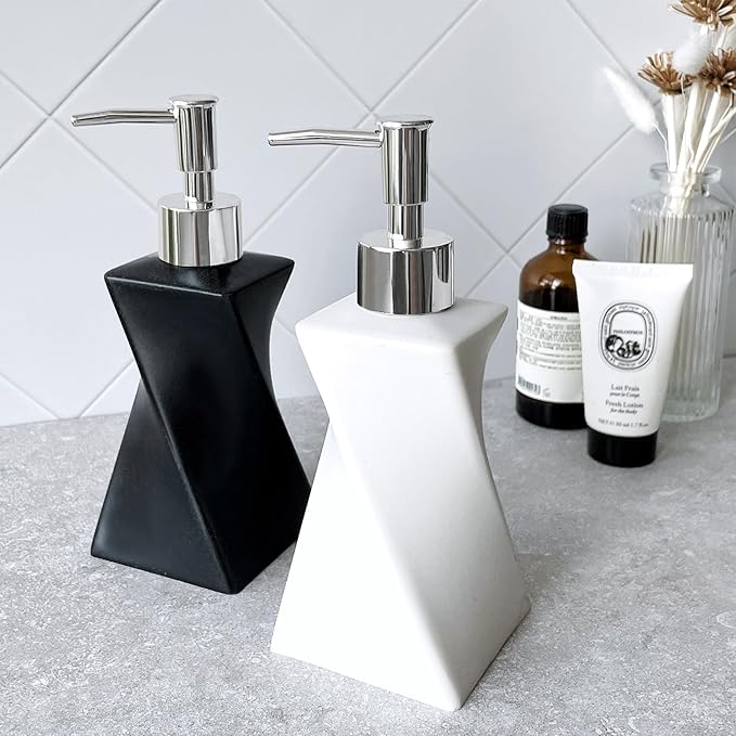 2 Pack Modern White & Black Hand Soap Dispenser Set for Bathroom Countertop, Dish Soap Dispenser for Kitchen, Contemporary Art Style, Rust Proof, 8.5oz