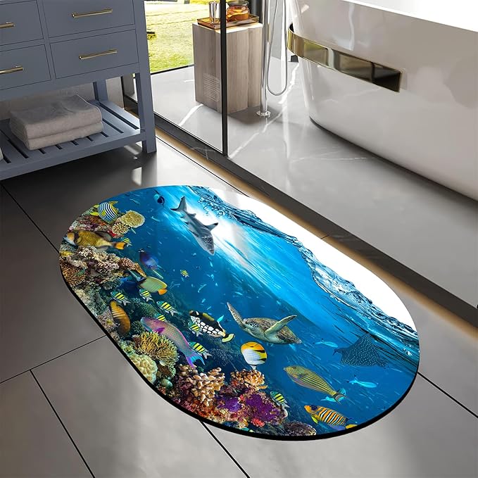 Bathroom Rug Mat Tropical Fish Colorful Coral Oval Bath Mat Doormat Absorbent Quick Dry Non Slip Diatom Mud Mat for Shower Tub Sink Laundry Kitchen Doorway 23.6x15.7 Inches