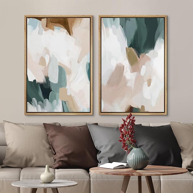 MUDECOR Framed Canvas Print Wall Art Watercolor Pastel White Blue Pattern Abstract Illustrations Modern Art Decorative Bohemian Colorful Chic for Living Room, Bedroom, Office - 24"x36"x2 Natural