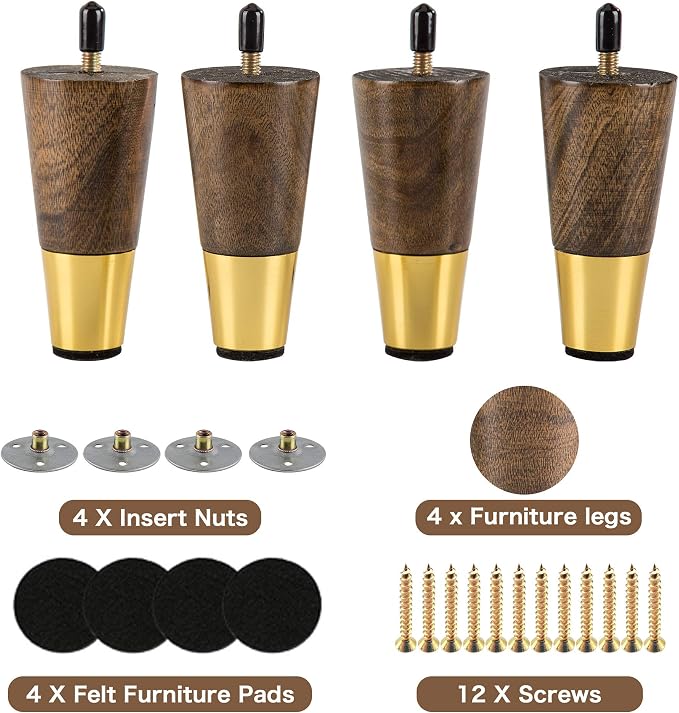 ALAMHI Wood Furniture Leg Sofa Legs 4 Inch Brown Round Tapered Mid-Century Modern Feet with Brass Base Replacement Legs for Cabinets,Coffee Table,Ottoman,TV Stand,Loveseat,Armchair Set of 4