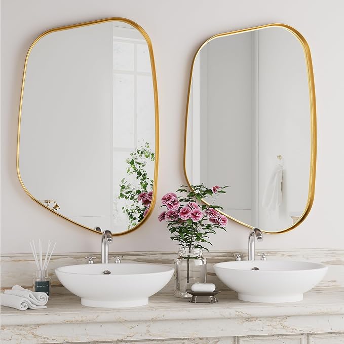 Irregular Wall Mirror 26"x40" Bathroom Mirrors Asymmetrical Artistic Decorative for Living Room Bedroom Bathroom Hallway Entryway,Trapezoid,Gold