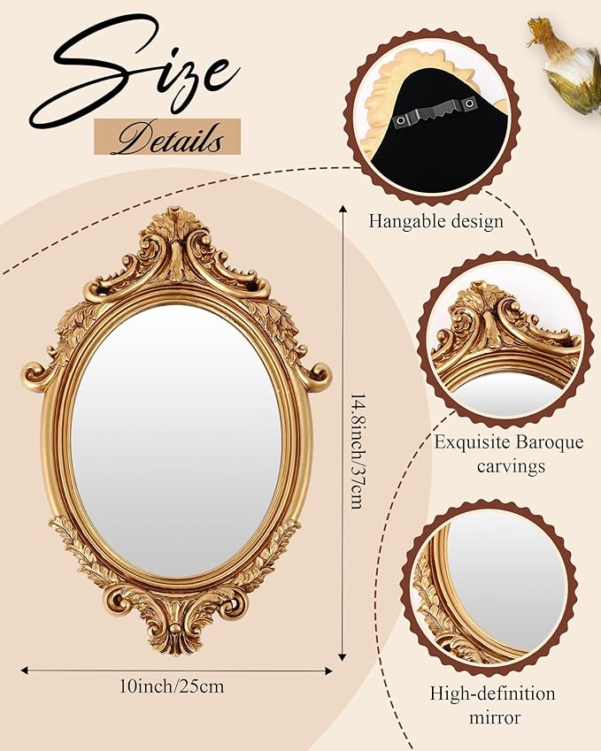 Wonderjune 3 Pcs Vintage Gold Mirror Set Wall Decorative, 8-15in Vintage Wall Mirror Hanging Antique Hanging with Stand for Living Room Home Wedding Decor(Court Baroque Style, 15in/11in/10in)