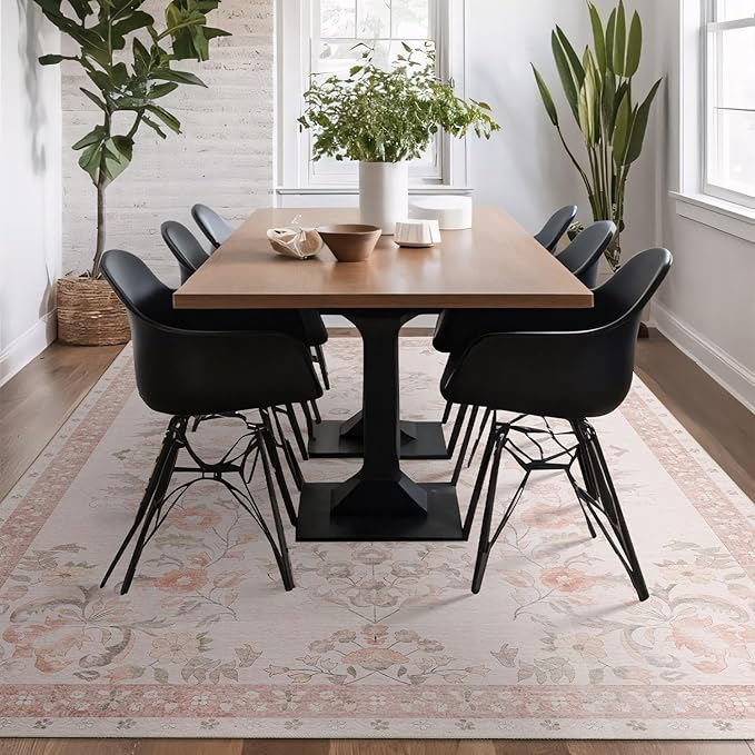 MUJOO 8x10 Area Rugs Washable,Large Floral Rugs for Living Room Bedroom Dining Room,Boho Indoor Floor Rug Non Slip Throw Carpet Low Pile Vintage Pink