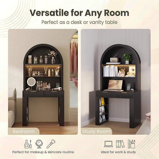 Arched Writing Desk with Hutch, Home Office Desk with 2 Drawers, Secretary Desk with Outlets, 3 Color LED Lights, Open Shelves, Computer Desk for Small Space, Bedroom 35.4" W x 70.8" H (Black)
