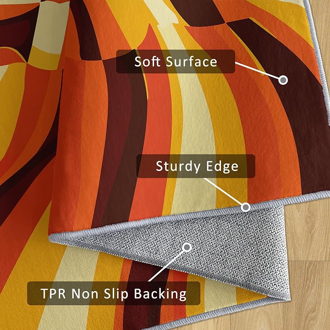 70s Retro Rugs 3x5, Orange Brown Abstract Washable 3 x 5 Area Rug for Living Room, Bedroom, Low Pile Non Slip Stain Resistant Carpet, 70s Orange Home Decor Accessories & M829