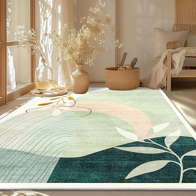 MUJOO 5x7 Area Rugs for Bedroom Living Room,Boho Washable Rug Non Slip Throw Carpet for Office Dining Room Indoor Mid Century Modern Abstract Botanical Geometric Accent Green