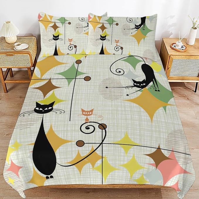 Mid Century Duvet Cover Sets Vintage Black Cat Modern Style Printed Lightweight Soft Quilt Cover Abstract Geometric Minimalist Soft Microfiber 3 Piece (1 Duvet Cover 79x90in + 2 Pillow Sham 20x30in)