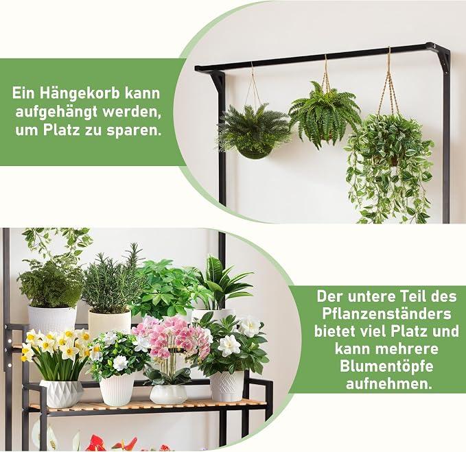 SEAdeerCH Multi-Functional Plant Stand ,Modern Rolling Plant Shelf Space-Conserve,Use Vintage Wood and Iron Frame, Robust Pine,Easy Assembly,for indoor/outdoor use in Living Spaces or Patio