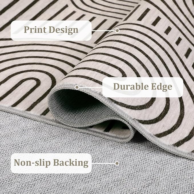 Washable Rug 5x7 Area Rugs for Living Room, Abstract Rug for Bedroom, Soft Rainbow Non Slip Rugs with Rubber Back, Low Pile Stain Resistant Boho Geometric Carpet for Dining Room, Light Camel