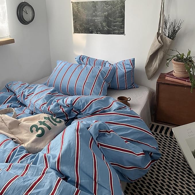 mixinni Vintage Striped Blue Duvet Cover King - 100% Cotton Red Stripes 3-Piece Bedding Duvet Cover Set with Zipper Closure, Soft & Breathable Retro Design for All Seasons (King Size)
