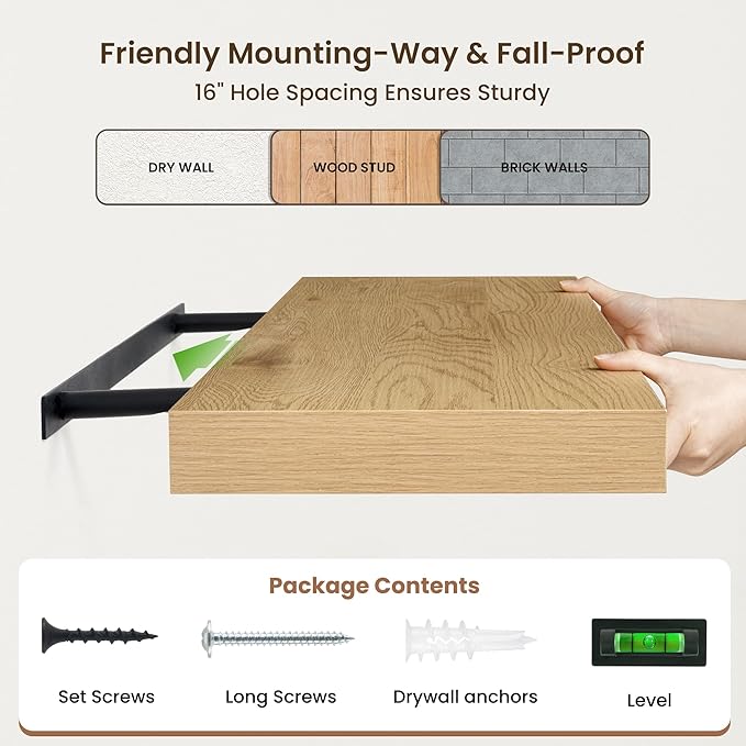 48 Inch Floating Shelves | 12 Inch Deep Oak Floating Shelves Set of 2 | 48" W x 12" D Oak Wall Shelves for Bathroom Living Room Kitchen Laundry Room
