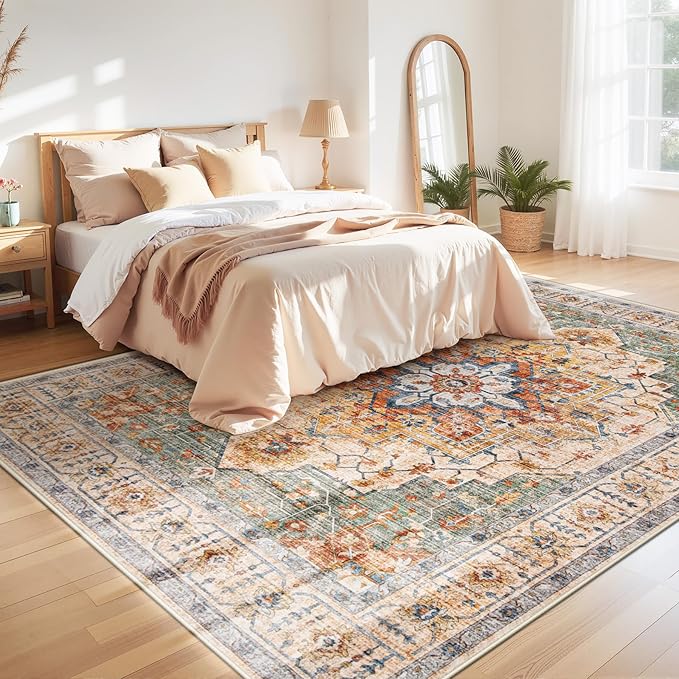Area Rug 8x10 Vintage Rug: Large Washable Indoor Medallion Rugs Low Pile Distressed Floor Carpet Retro Accent Rug for Living Room Bedroom Kitchen Dining Table Home Office(Green/Yellow, 8'x10')