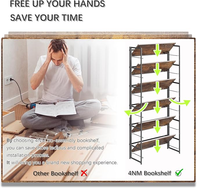 4NM No Assembly 6 Tiers Collapsible Book Shelves, 61.8" H Folding Bookshelf Bookcase Open Industrial Foldable Shelves for Bedroom, Living Room, Home Office - Rustic Brown Black