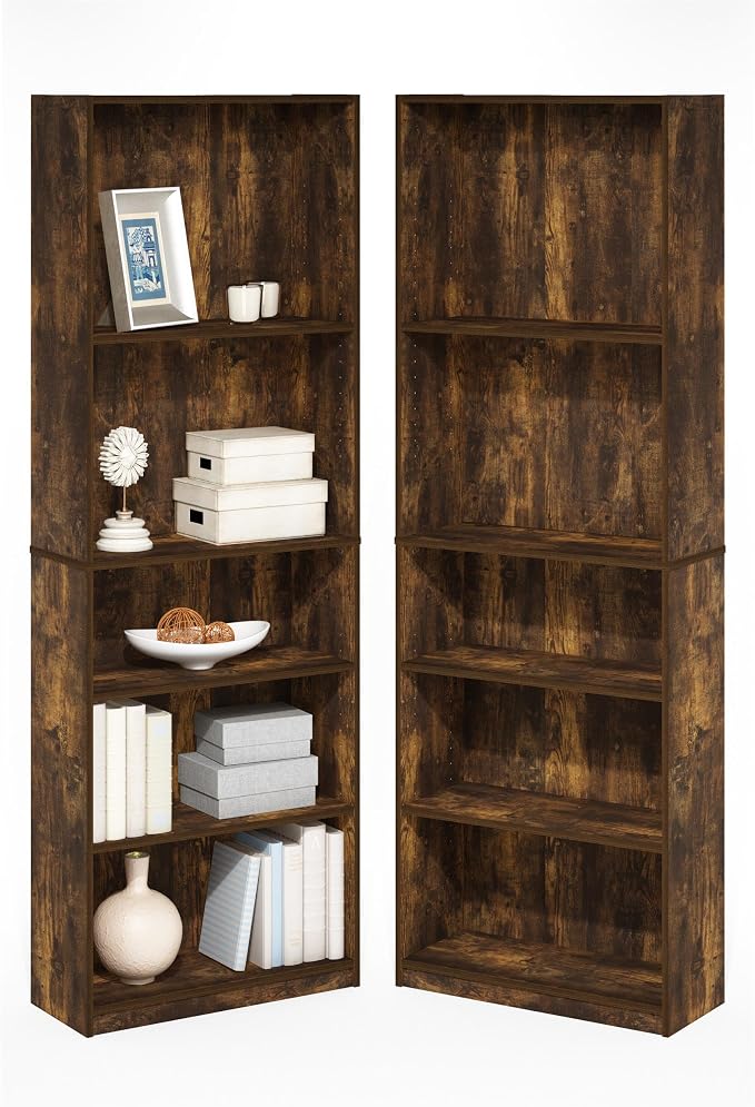 Furinno Jaya Book Shelf Set of 2, 5-Tier Bookshelf, Bookcase, with Adjustable Shelf, 9.5 x 24.5 x 71, for Home Office, Living Room, Amber Pine