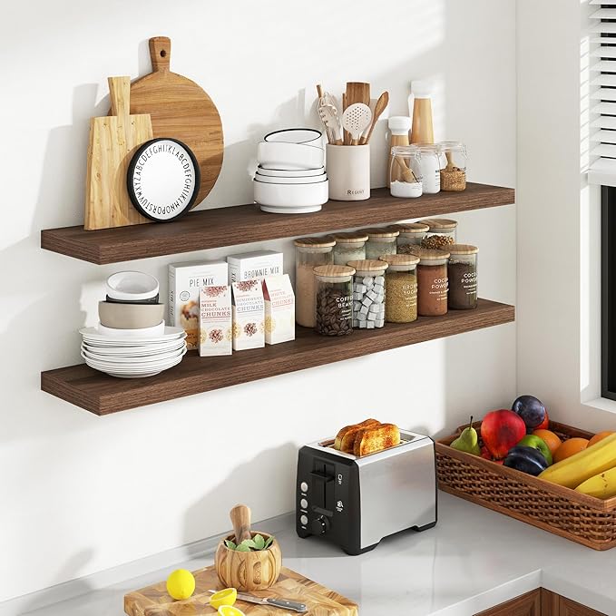 48 Inch Floating Shelves, 8 Inch Deep Floating Shelves for Wall, Hanging Shelf with Invisible Brackets, Deep Shelves for Bathroom, Bedroom, Living Room, Walnut, Set of 2