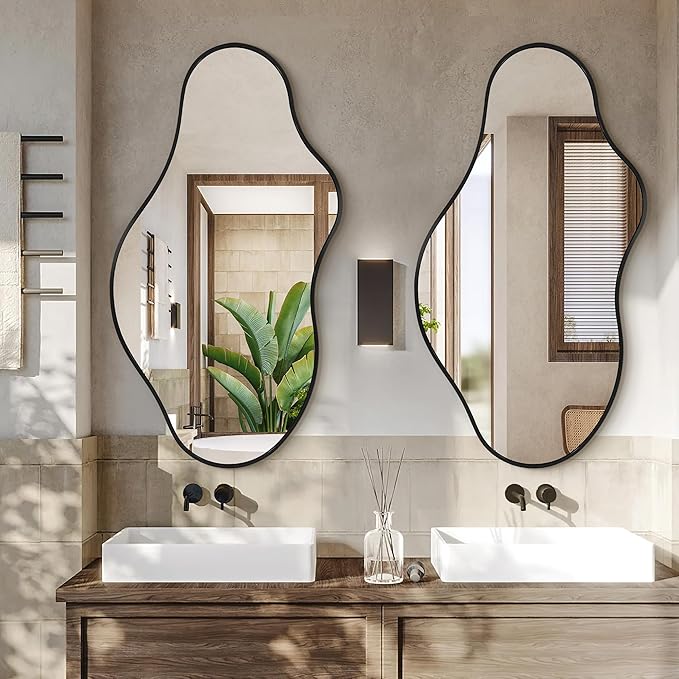 Bathroom Mirrors for Over Sink - Long Wall Mirrors Decorative 20"x 36" Asymmetrical Abstract Aviation Aluminum Alloy Frame Unique for Bedroom, Living Room, Cloakroom, Entryway Black