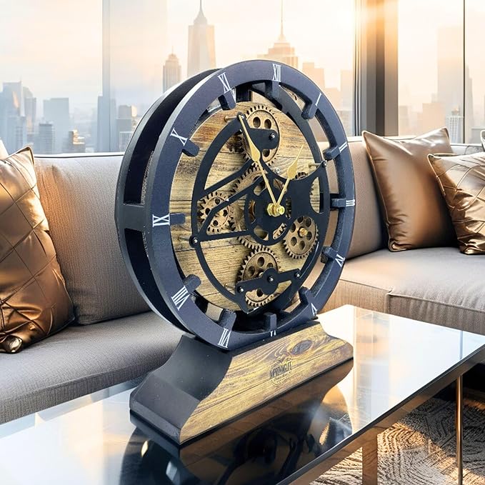 ImprovingLife The Gears Clock Desk Clock 10 inches with Real Moving Gears Convertible into Wall Clock (Gold Antique)