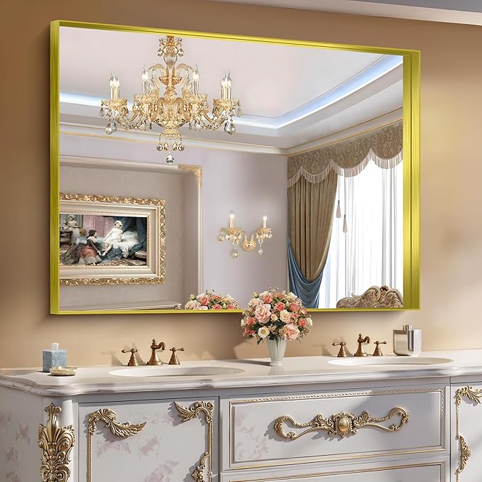 CIRCUMI Gold Bathroom Mirror, 36"x50" Rectangular Mirror with Deep Metal Frame, Brushed Finish, Tempered Glass, Large Mirror for Wall, Over 2 Sinks, Installed Vertically/Horizontally, Crystal-Clear