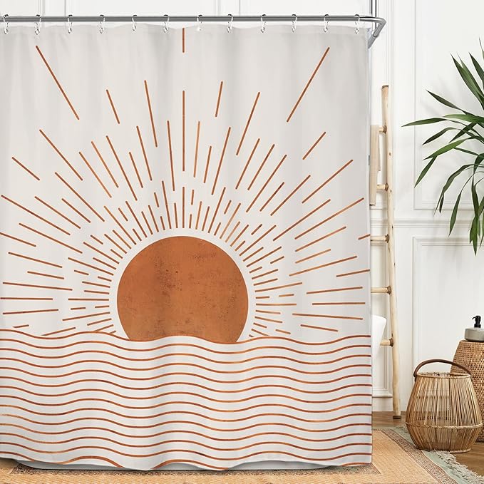 Miyotaa Abstract Minimalist Sunrise Shower Curtain Set 60Wx71H Inches Modern Aesthetic Mid Century Retro Sun Sunset Waterproof Bathroom Curtain with 12 Hooks