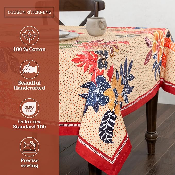 Maison d' Hermine Table Cloth Rectangle Table 100% Cotton 70 x 140 Inches Fall Tablecloth Reusable Everyday Use for Thanksgiving Christmas Decorations Dining Farmhouse Party (Kalahari)