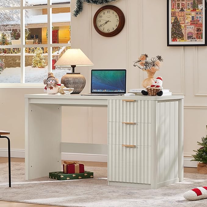 LEYAOYAO Office Desk 48" with 3 Drawers Storage File Cabinet Wood Fluted Desk for Computer Office Bedroom Home Furniture White