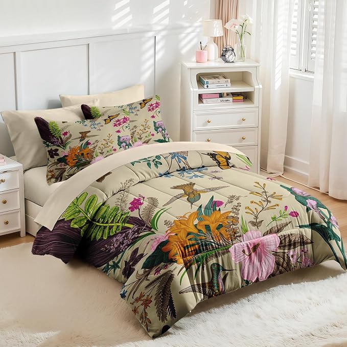Nesker 7 Pcs Comforter Set Full Size, Cute Botanical Birds Bedding Set for Kids and Adults, Vintage Flower Plant Bed Sheet Sets with Fitted Sheet 2 Pillowcases & 2 Shams