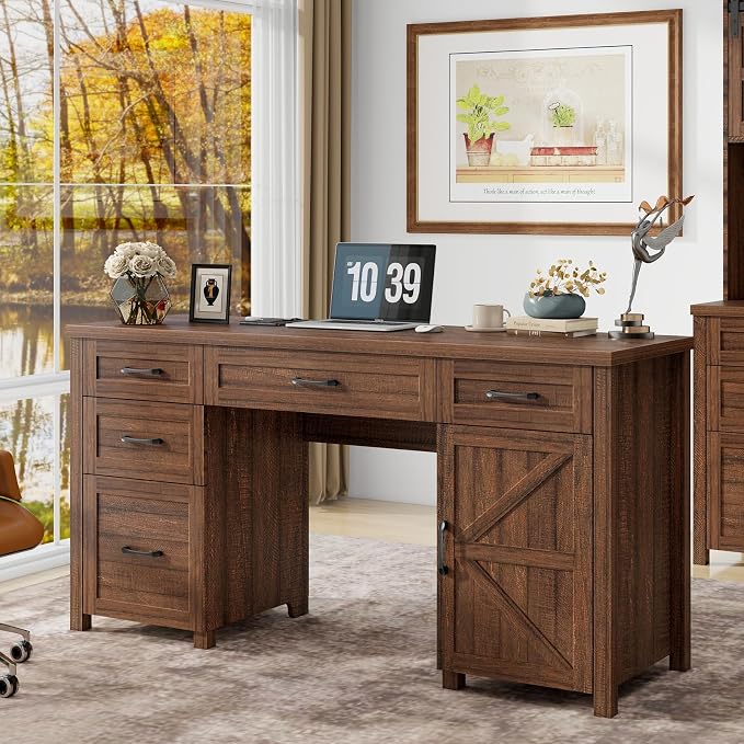 Vabches Farmhouse 61'' Executive Desk with 5 Drawers, Rustic Office Desk Computer Desk, File Drawers and Storage Cabinet, Wood Workstation for Study and Home Office. (Red-Brown)