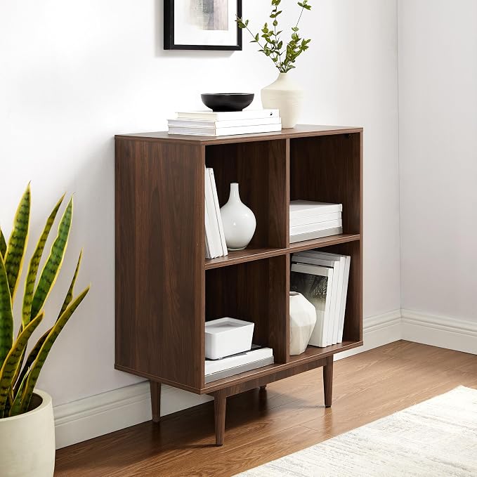 Crosley Furniture Liam Vinyl Record Storage 4 Cube Media Stand for Turntables, Mid-Century Modern Bookshelf, Walnut