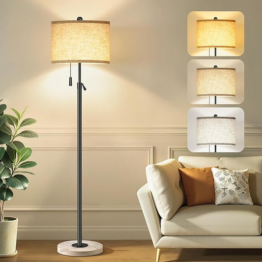 Floor Lamp for Living Room - Adjustable Height Standing Lamp with Marble Base & Linen Shade - Tall Pole Floor Light with 3 Color Temperatures Bulb for Bedroom, Reading - Easy Assembly