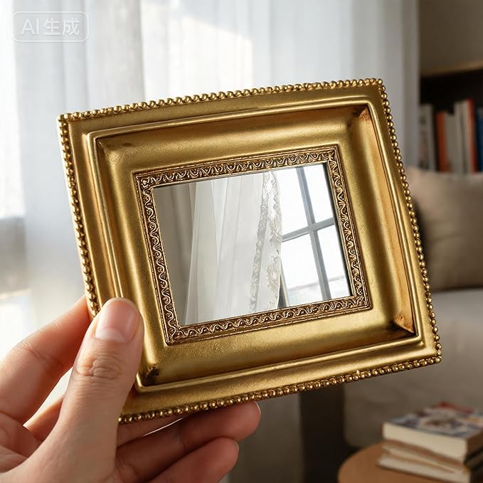 Golden Mini Vintage Mirror with Exquisite Relief Elegant Wall Decor for Bedroom Dresser Table Compact Resin Retro Design (Gold Rectangle, 4.5X5.5)